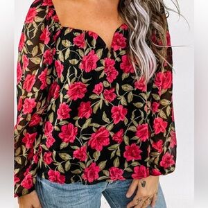 Blu Pepper Black Blouse with Pink Floral Print